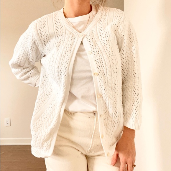 Eddie Bauer Sweaters - Vintage Eddie Bauer White Crochet Cardigan